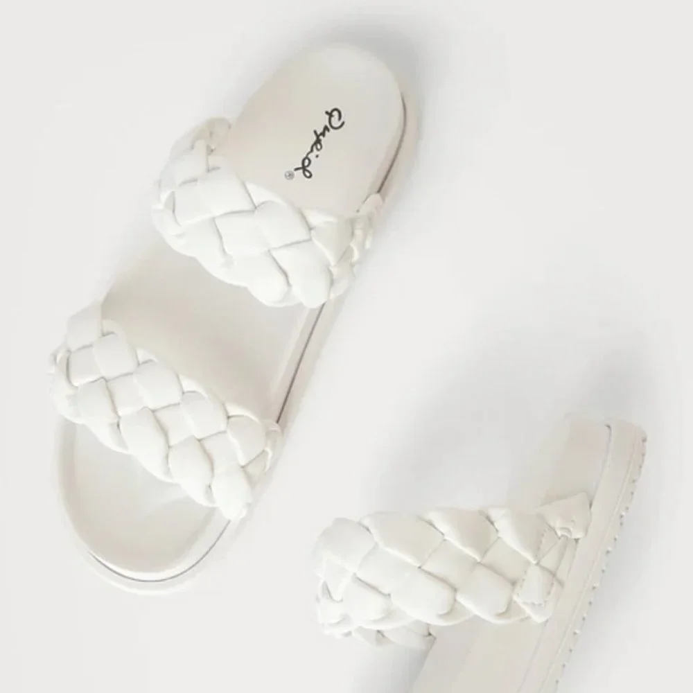 NEW White Braided Double Straps Slip On Platform Slides Slipper Sandals Shoes - Picture 9 of 16